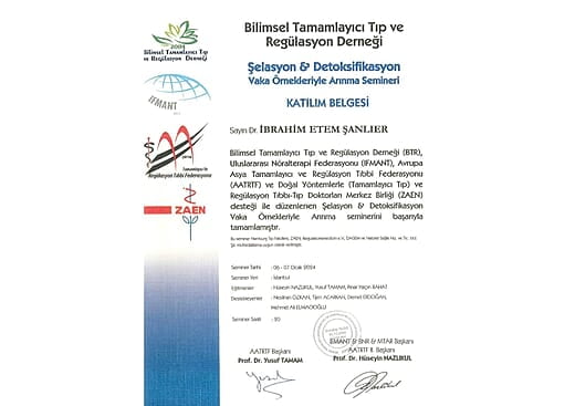 Bilimsel Tamamlayıcı Tıp ve Regülasyon Derneği Şelasyon Eğitimi Katılım Belgesi