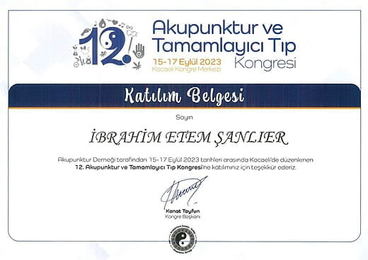 12. Akupunktur ve Tamamlayıcı Tıp Kongresi  Katılım Belgesi
