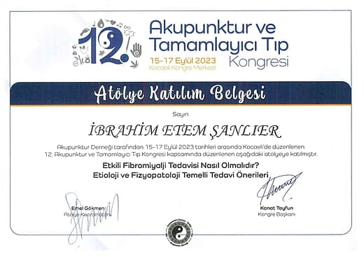 12. Akupunktur ve Tamamlayıcı Tıp Kongresi Atölye Katılım Belgesi