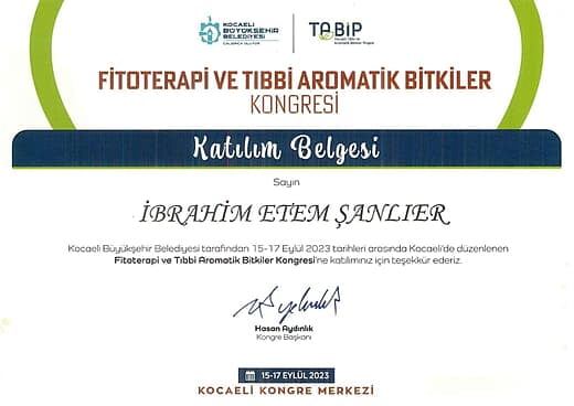 Fitoterapi ve Tıbbi Aromatik Bitkiler Kongresi Katılım Belgesi