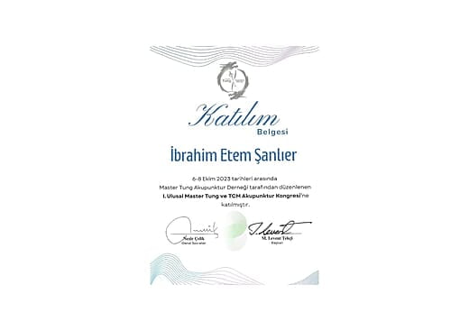 1. Ulusal Master Tung ve TCM Akupunktur Kongresi Katılım Belgesi