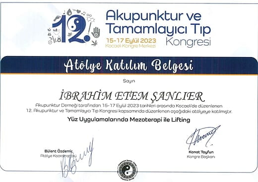 12. Akupunktur ve Tamamlayıcı Tıp Kongresi Atölye Katılım Belgesi