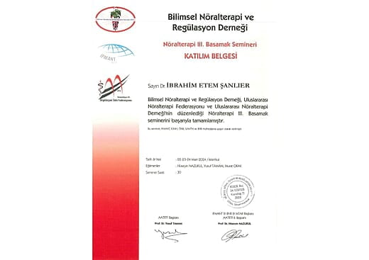 Bilimsel Nöralterapi ve Regülasyon Derneği Seminer Katılım Belgesi