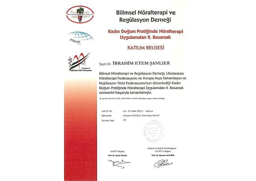 Bilimsel Nöralterapi ve Regülasyon Derneği Seminer Katılım Belgesi