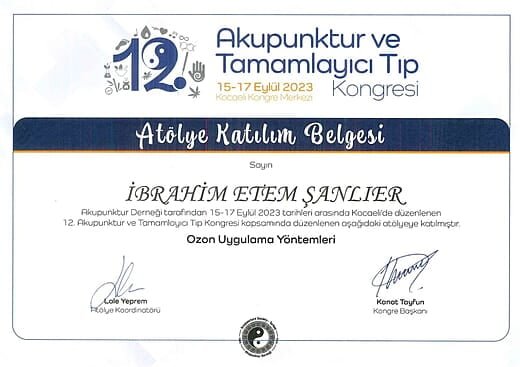 12. Akupunktur ve Tamamlayıcı Tıp Kongresi Atölye Katılım Belgesi