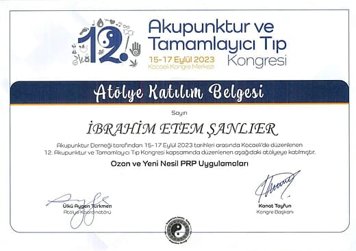 12. Akupunktur ve Tamamlayıcı Tıp Kongresi Atölye Katılım Belgesi