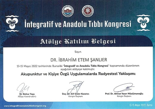 İntegratif ve Anadolu Tıbbı Atölye Katılım Belgesi