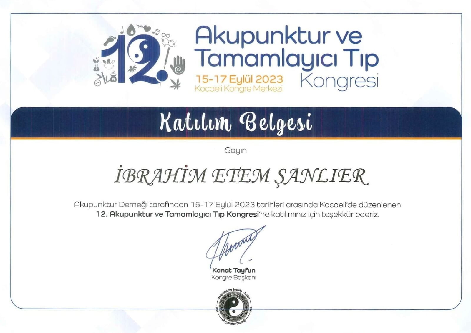 12. Akupunktur ve Tamamlayıcı Tıp Kongresi  Katılım Belgesi