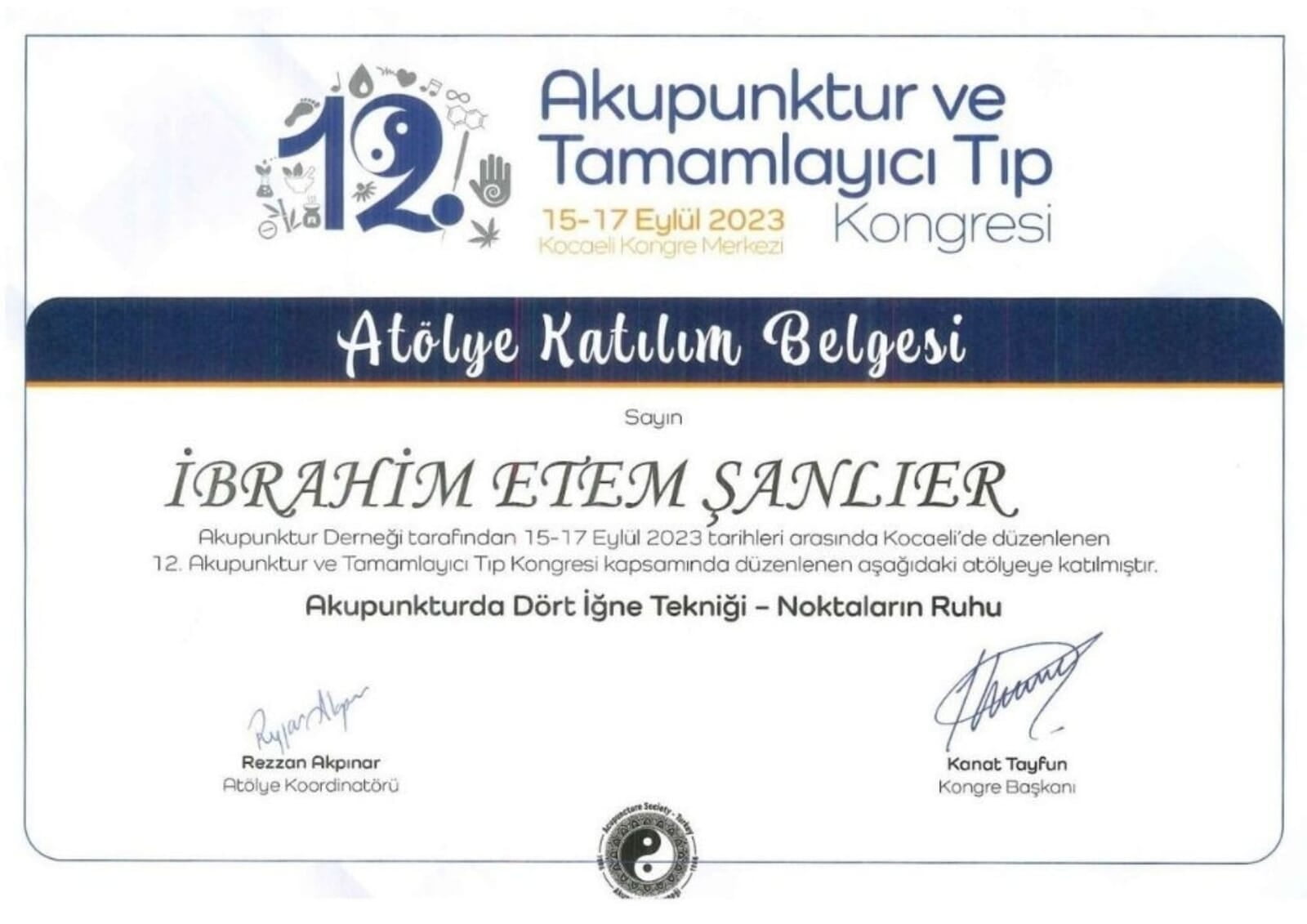 12. Akupunktur ve Tamamlayıcı Tıp Kongresi Katılım Belgesi