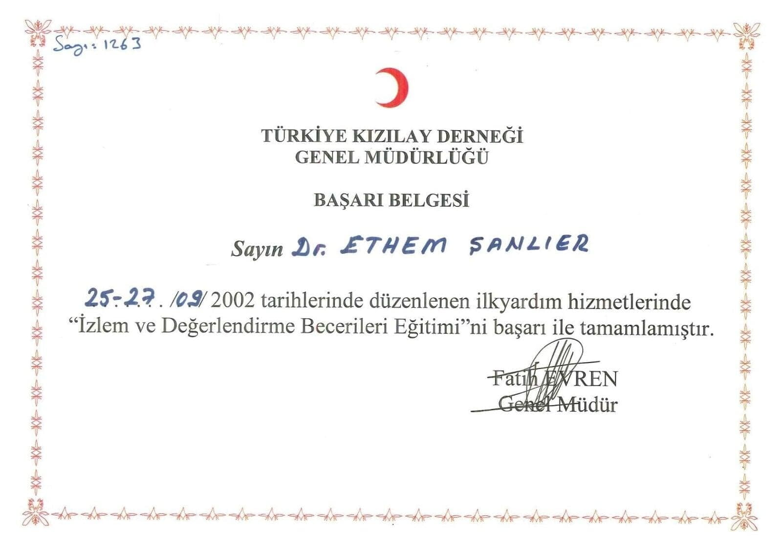 Kızılay Başarı Belgesi