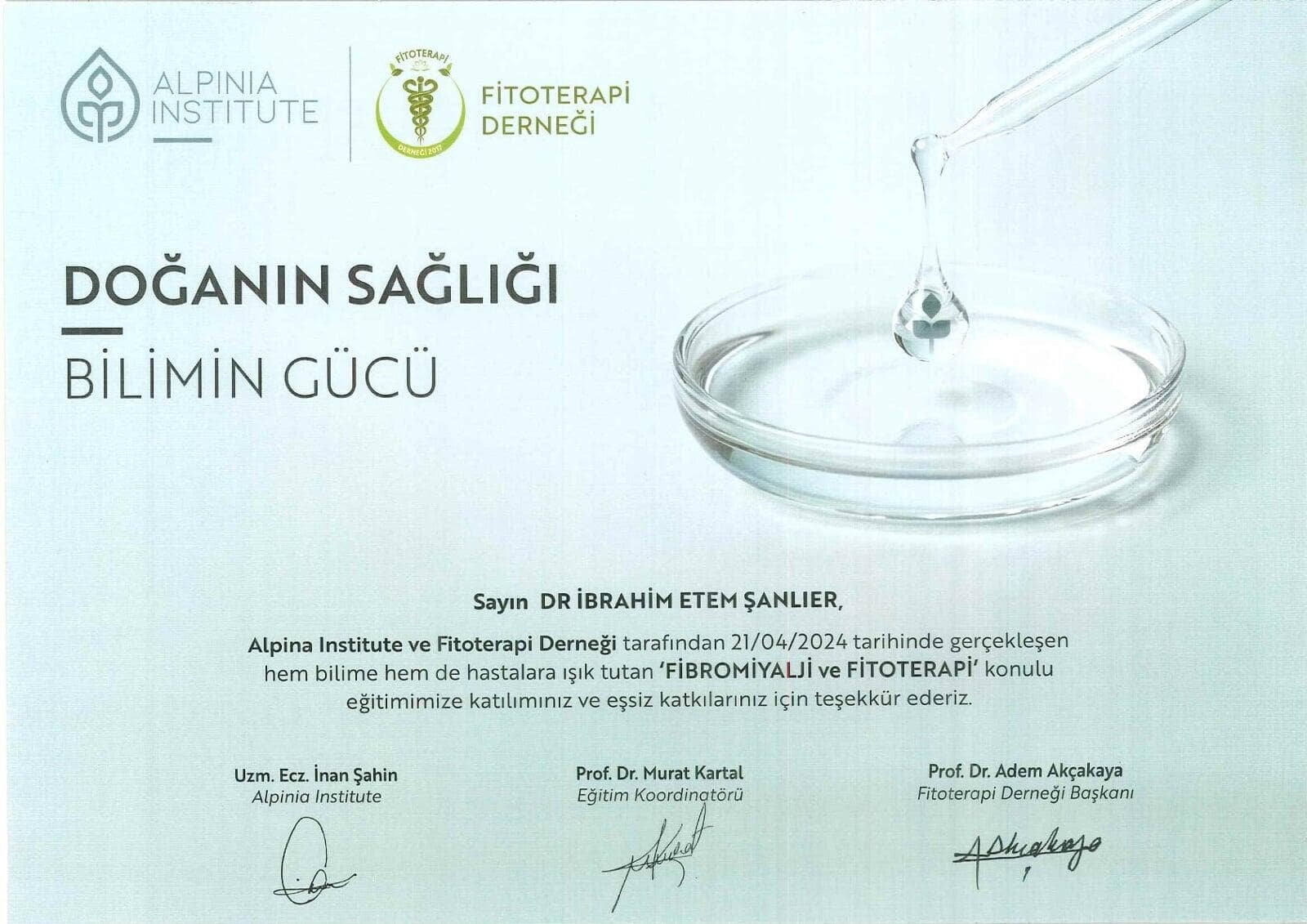 Doğanın Sağlığı Bilimin Gücü Eğitim Katılım Belgesi