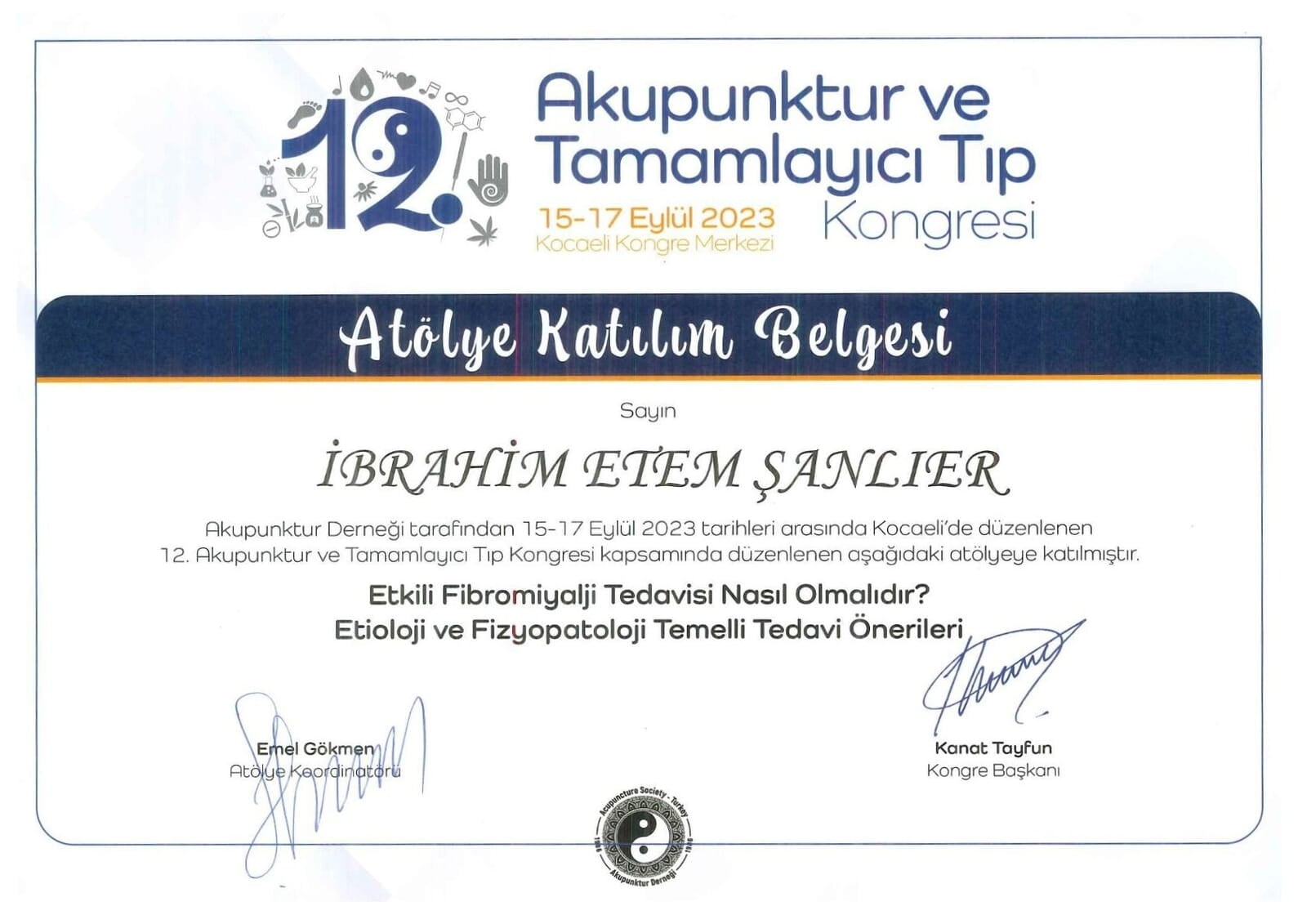 12. Akupunktur ve Tamamlayıcı Tıp Kongresi Atölye Katılım Belgesi