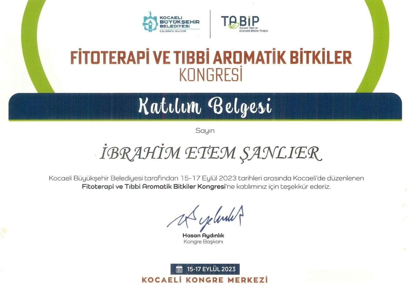 Fitoterapi ve Tıbbi Aromatik Bitkiler Kongresi Katılım Belgesi