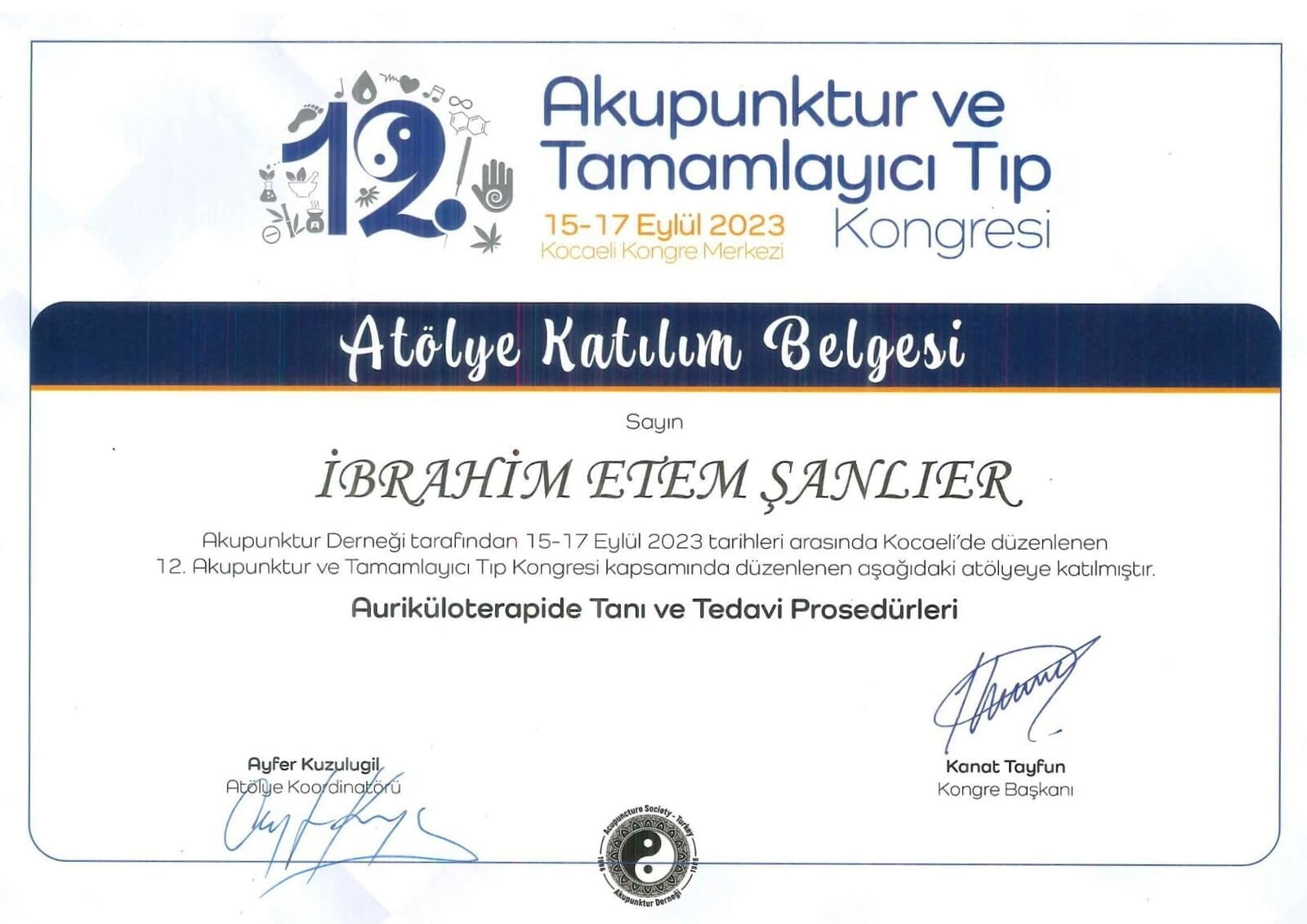 12. Akupunktur ve Tamamlayıcı Tıp Kongresi Atölye Katılım Belgesi