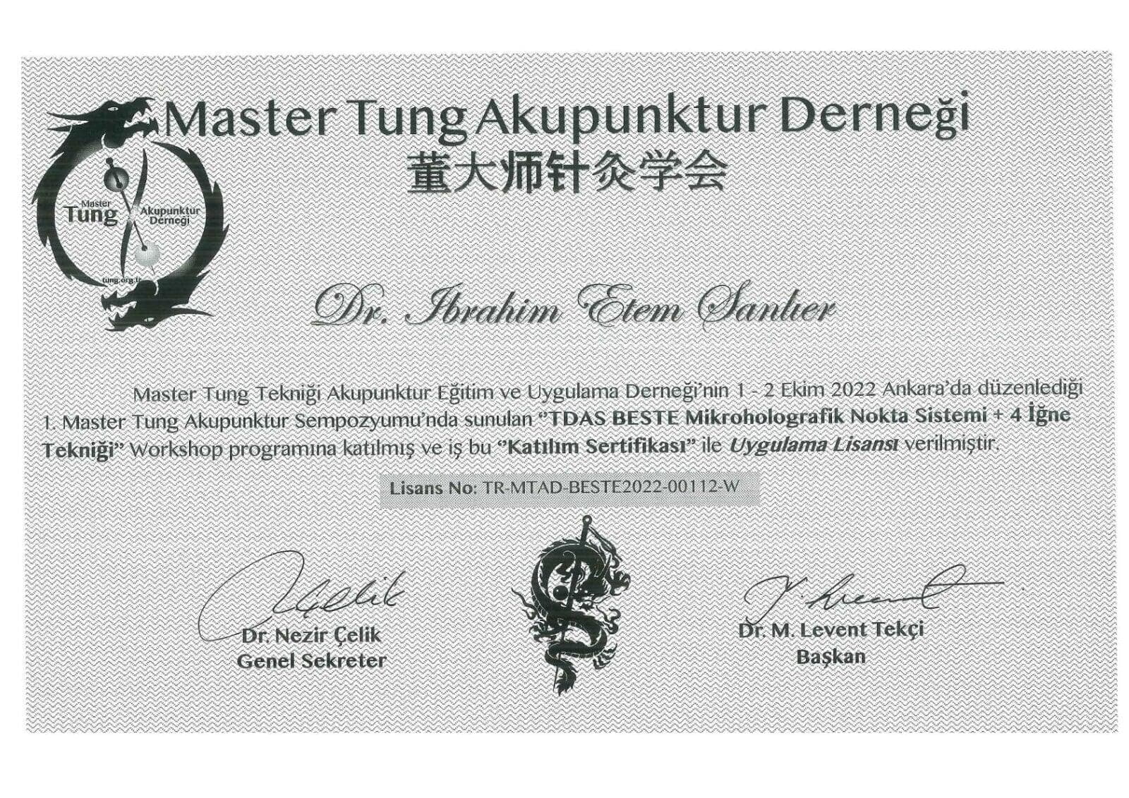 Master Tung Akupunktur Derneği 4 Nokta Sistemi +4 İğne Tekniği  Uygulama Lisansı Sertifikası