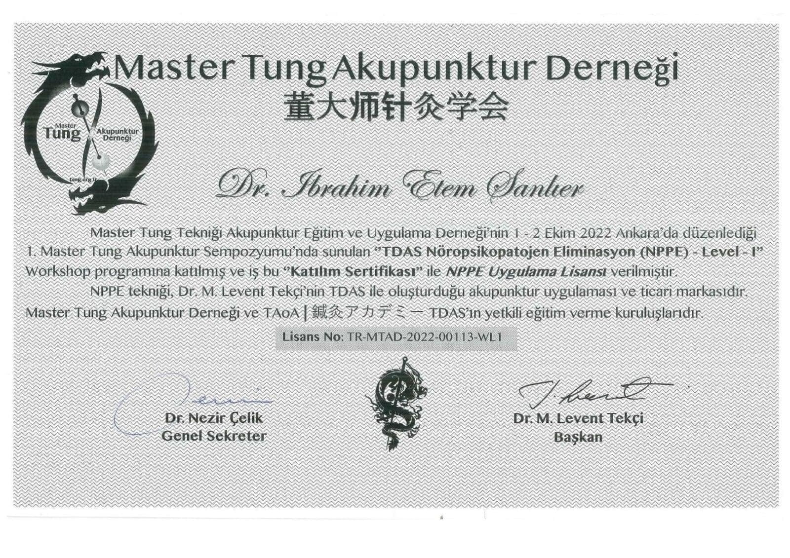 Master Tung Akupunktur Derneği NPPE Uygulama Lisansı Sertifikası