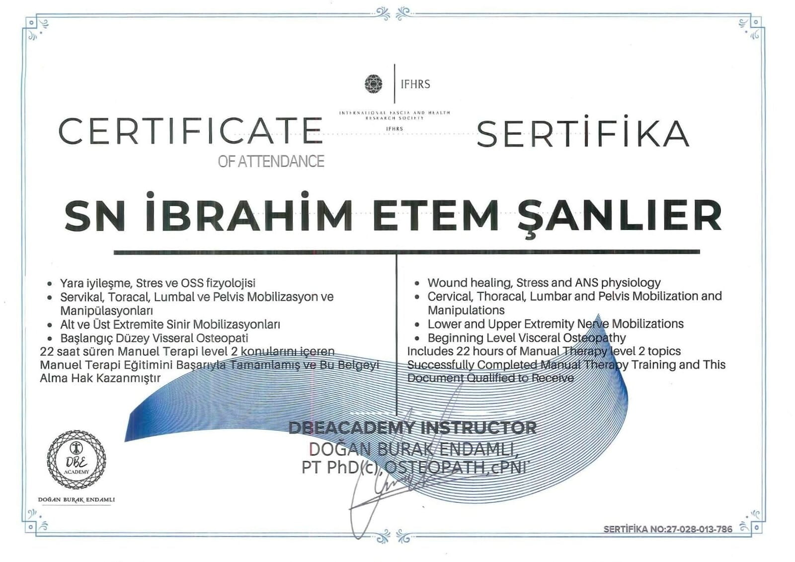 Manuel Terapi Eğitim Başarı Belgesi