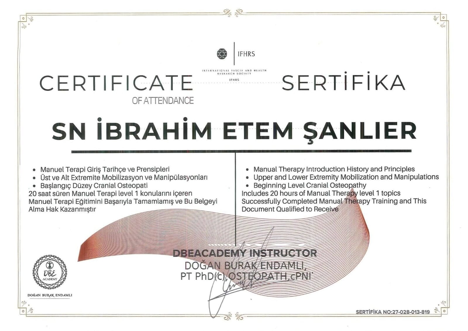 Manuel Terapi Eğitim Başarı Belgesi