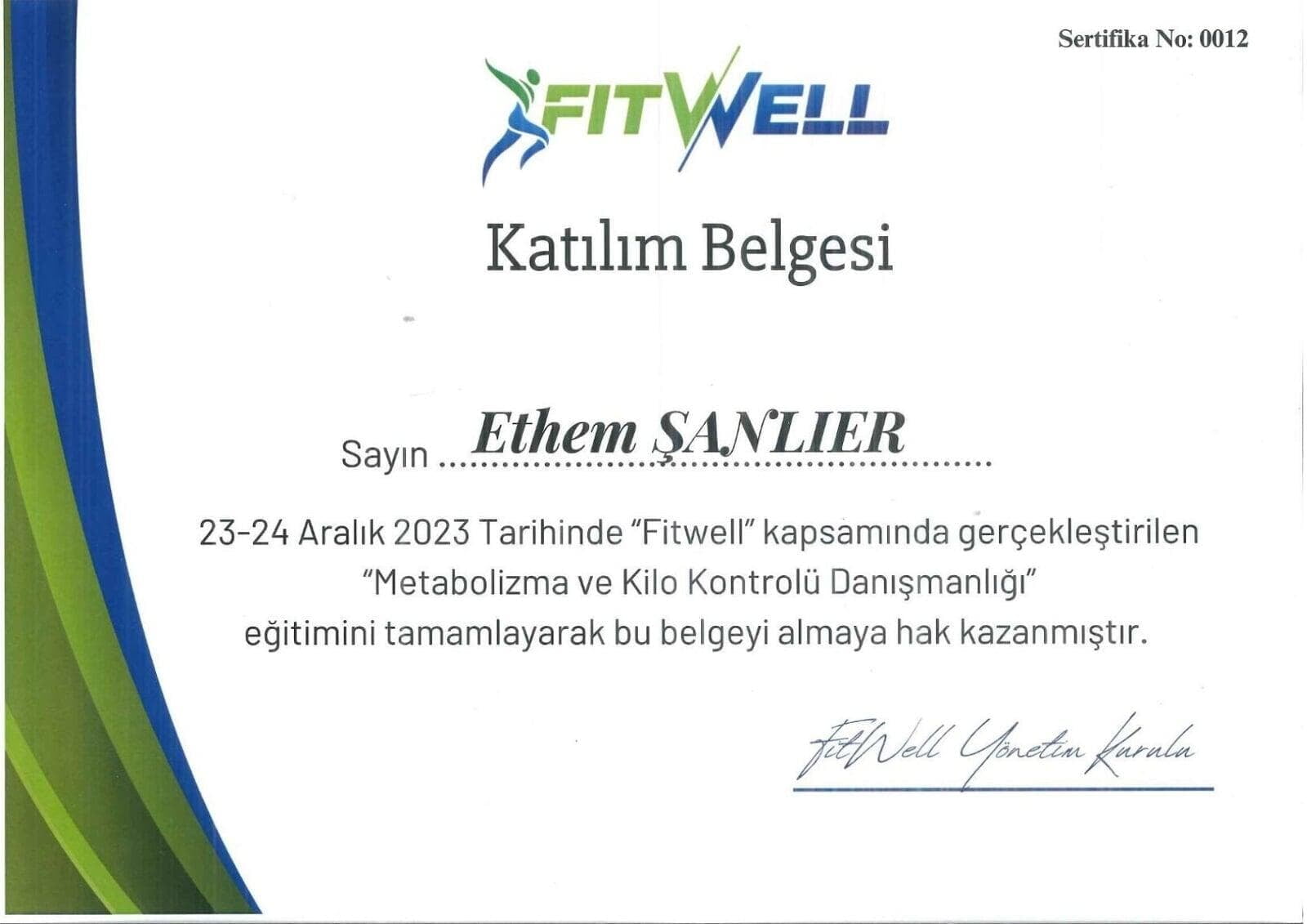 Fitwell Eğitim Katılım Belgesi