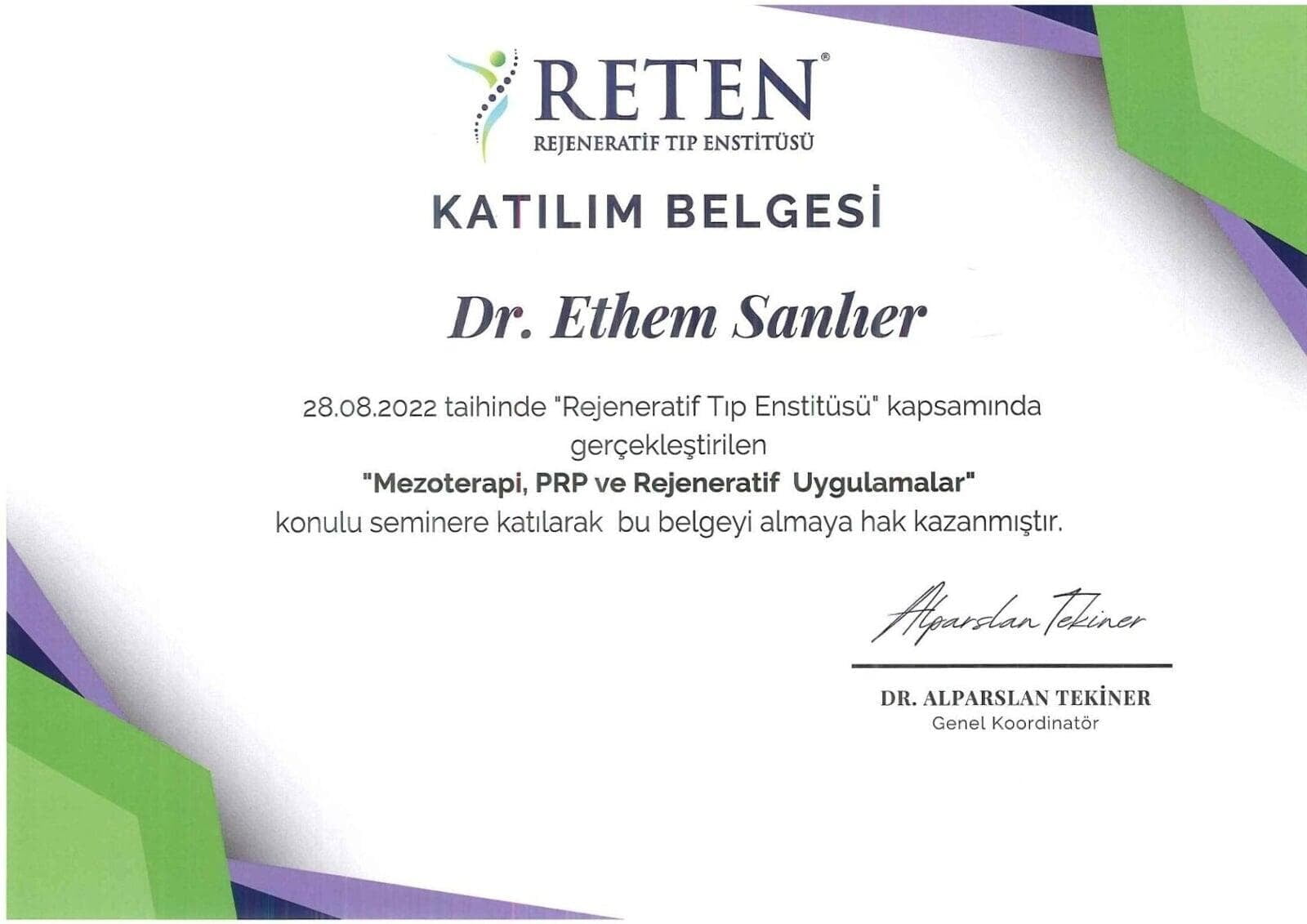 Rejeneratif Tıp Enstitüsü Katılım Belgesi