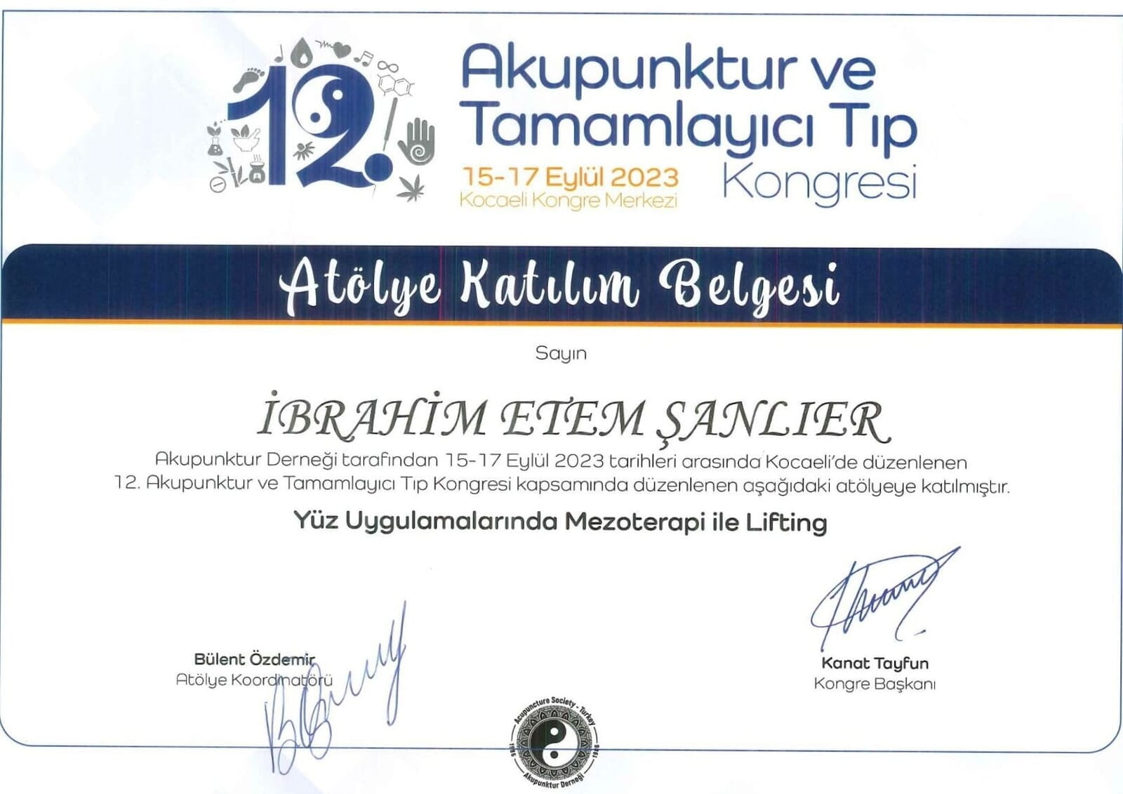 12. Akupunktur ve Tamamlayıcı Tıp Kongresi Atölye Katılım Belgesi