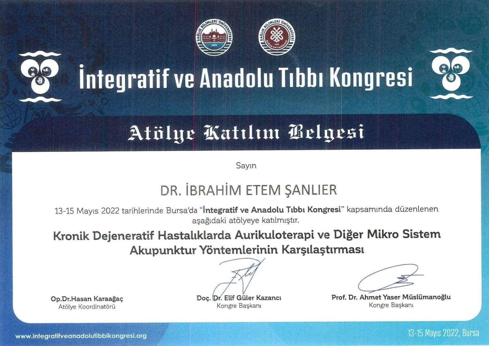 İntegratif ve Anadolu Tıbbı Atölye Katılım Belgesi
