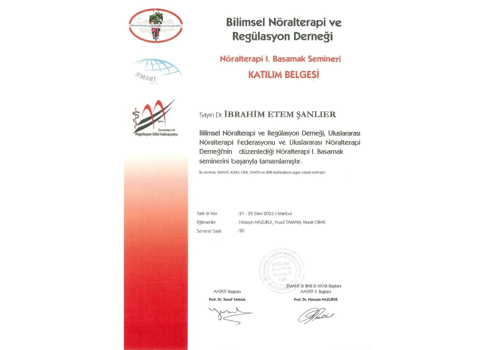 Bilimsel Nöralterapi ve Regülasyon Derneği Seminer Katılım Belgesi