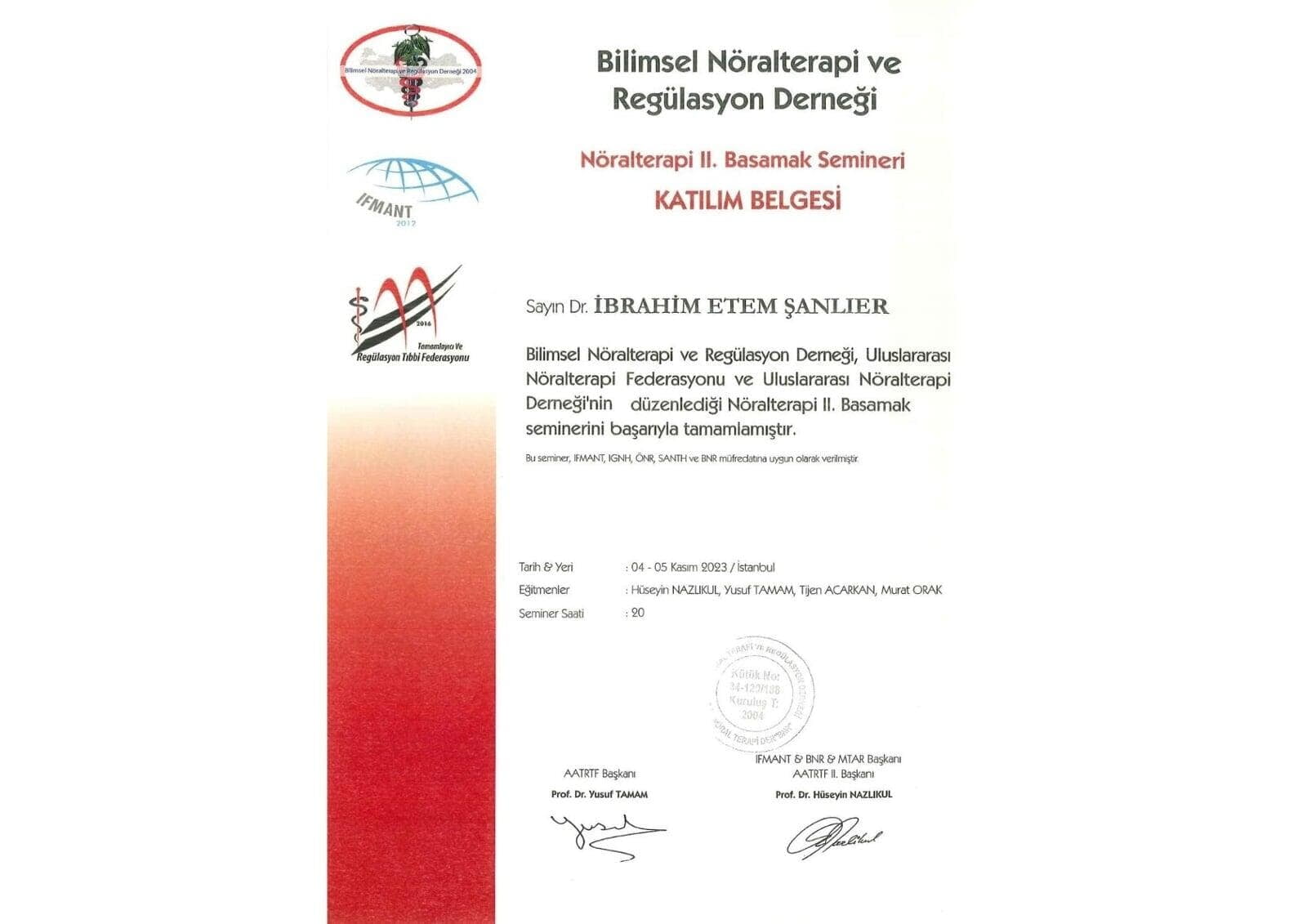 Bilimsel Nöralterapi ve Regülasyon Derneği Seminer Katılım Belgesi