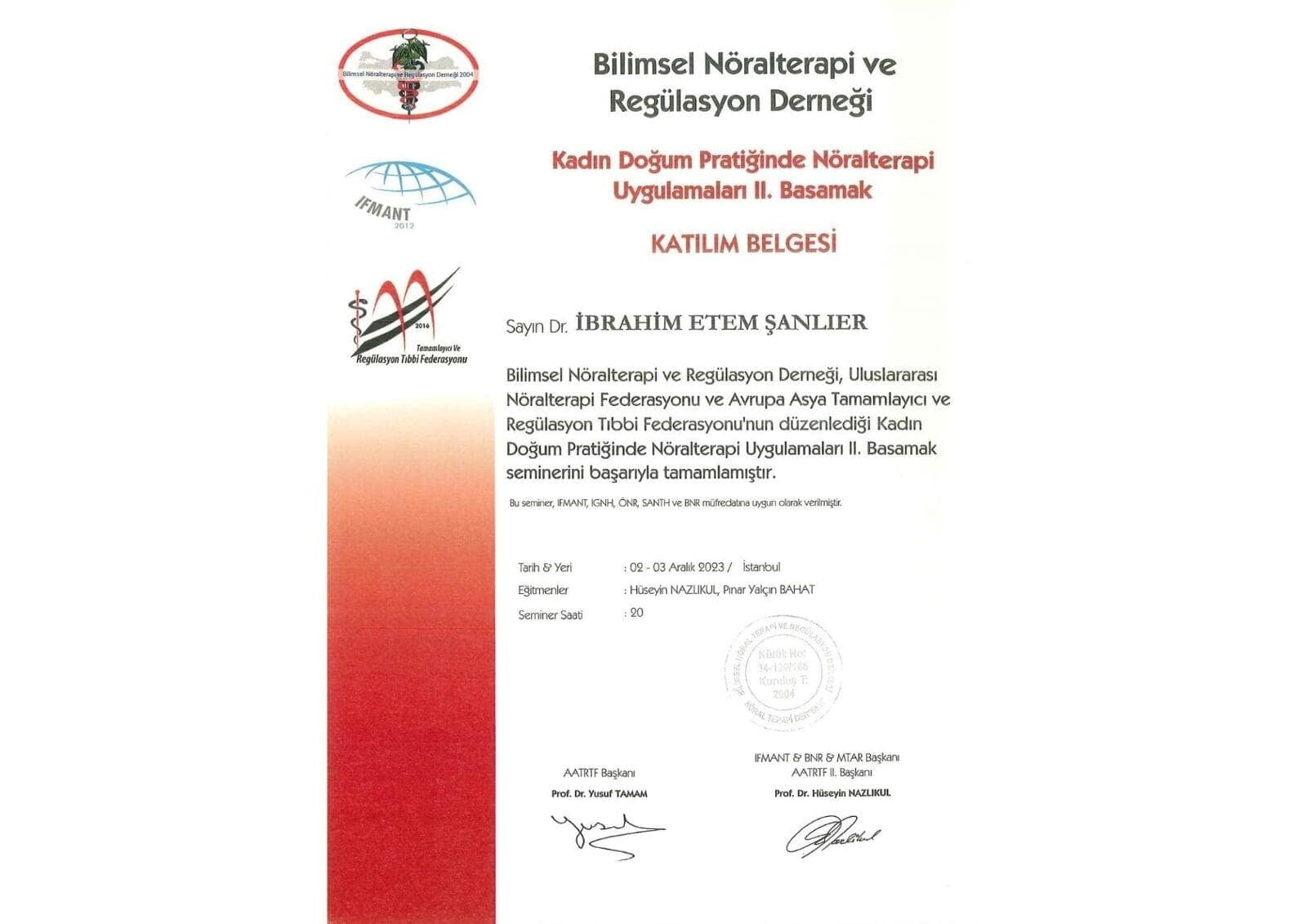 Bilimsel Nöralterapi ve Regülasyon Derneği Seminer Katılım Belgesi