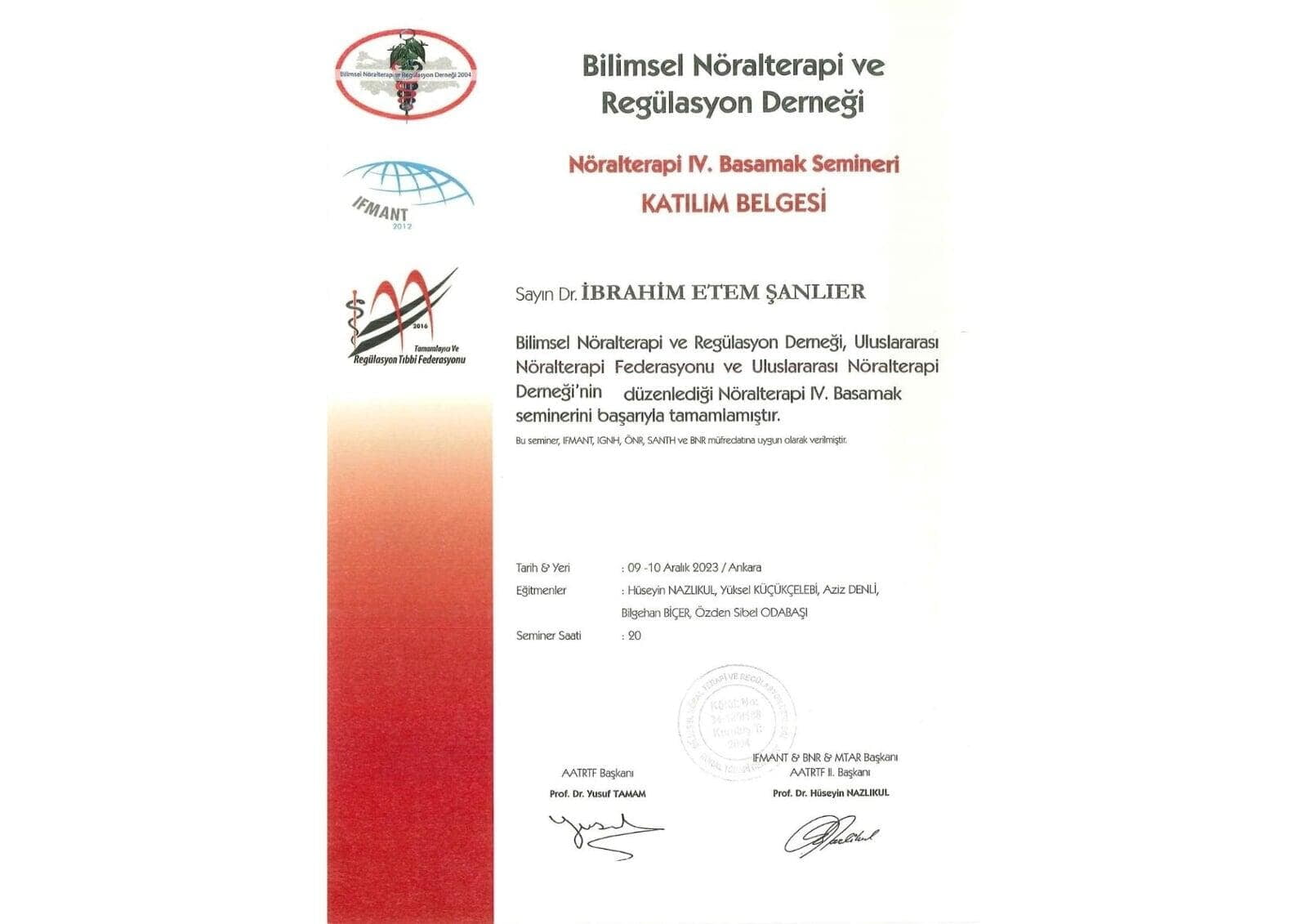 Bilimsel Nöralterapi ve Regülasyon Derneği Seminer Katılım Belgesi
