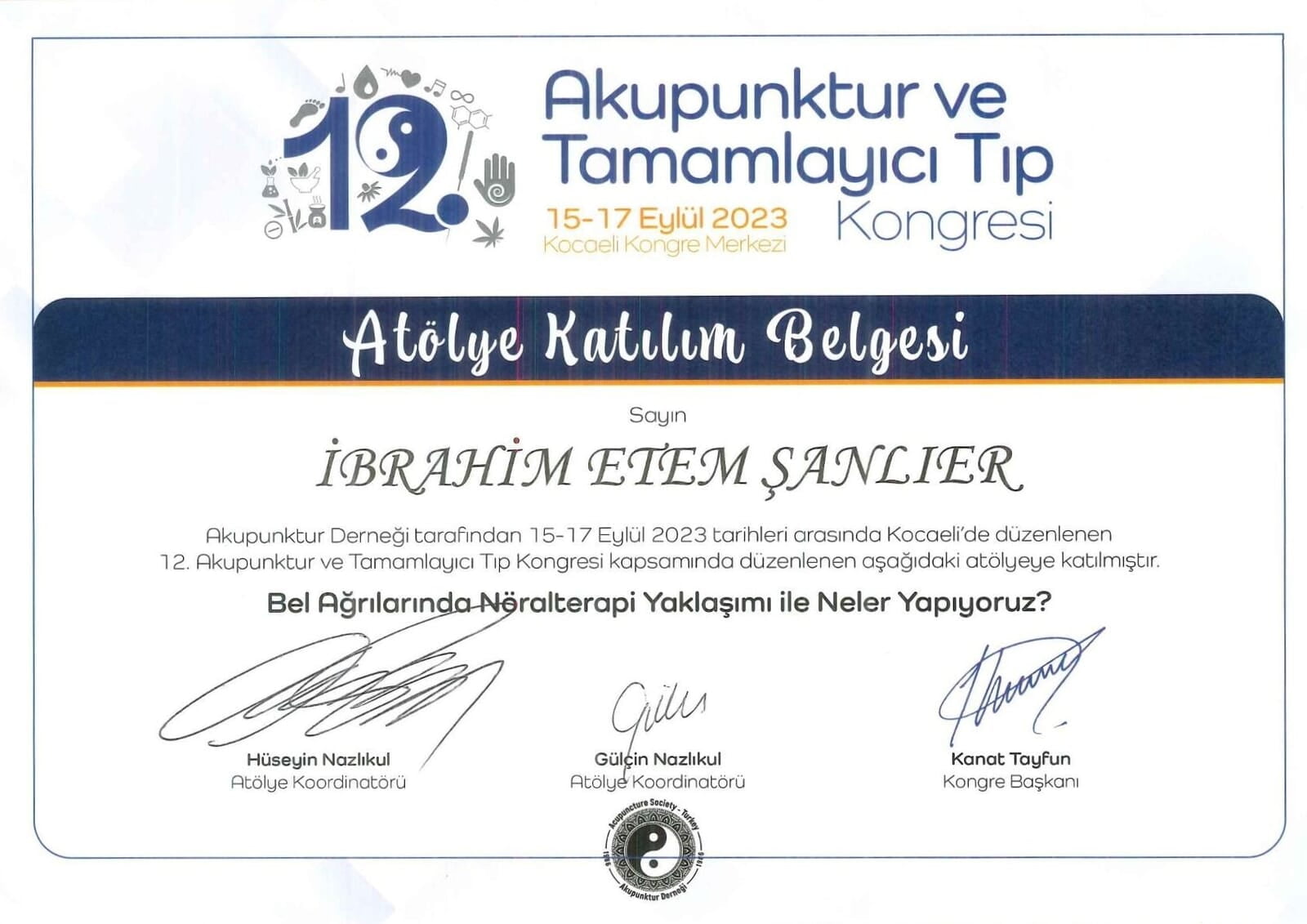 12. Akupunktur ve Tamamlayıcı Tıp Kongresi Atölye Katılım Belgesi