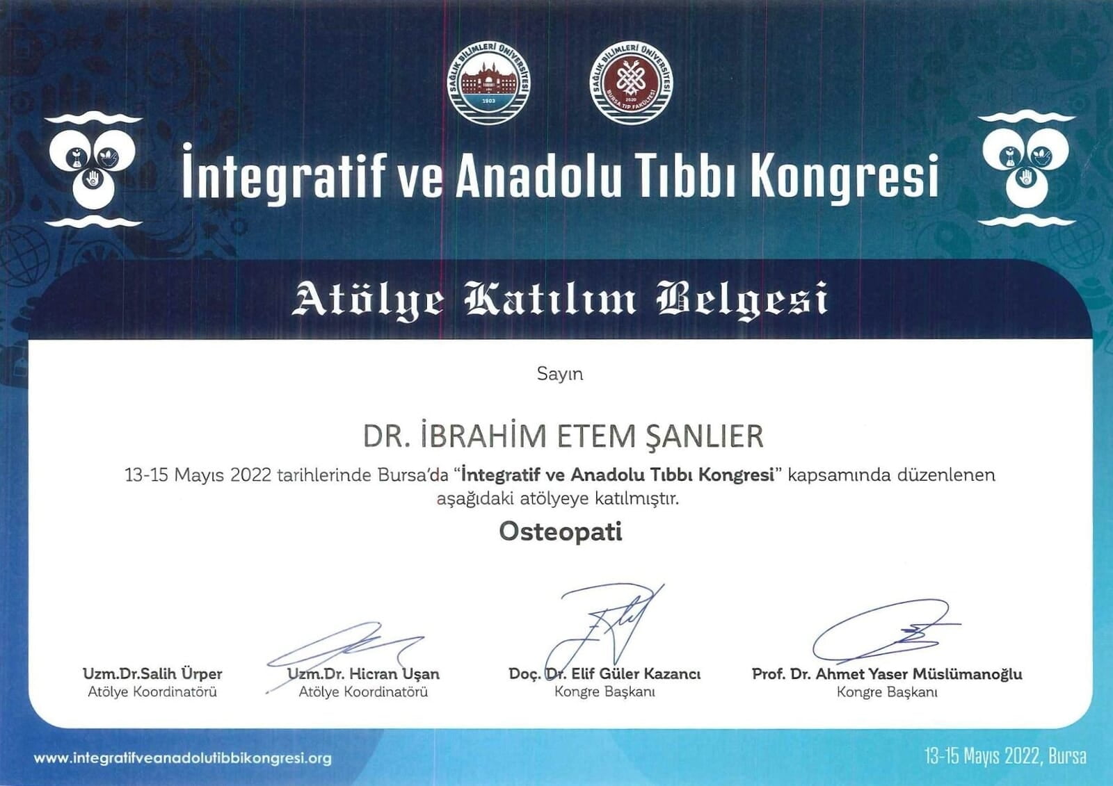 İntegratif ve Anadolu Tıbbı Atölye Katılım Belgesi