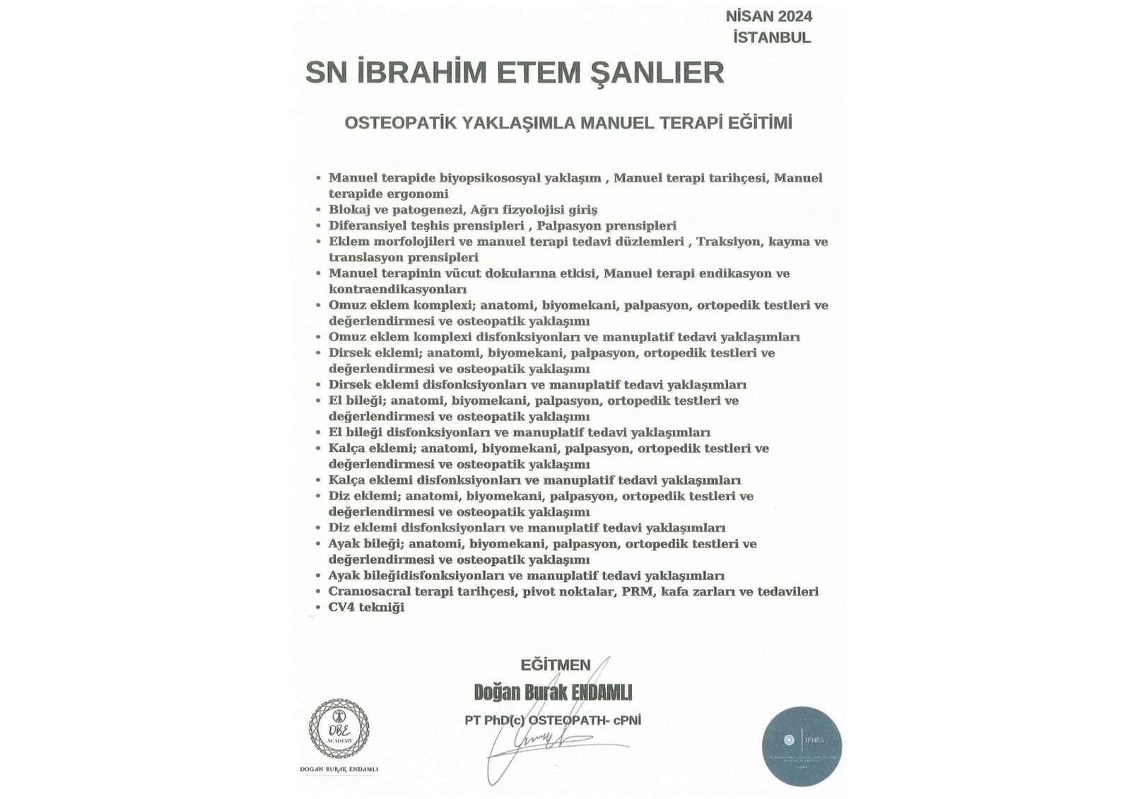Osteopatik Yaklaşımla Manuel Terapi Eğitimi