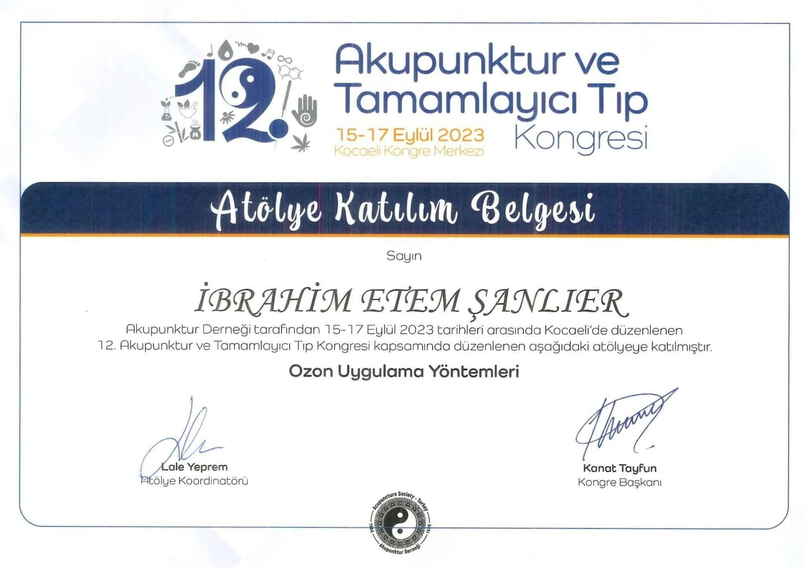 12. Akupunktur ve Tamamlayıcı Tıp Kongresi Atölye Katılım Belgesi