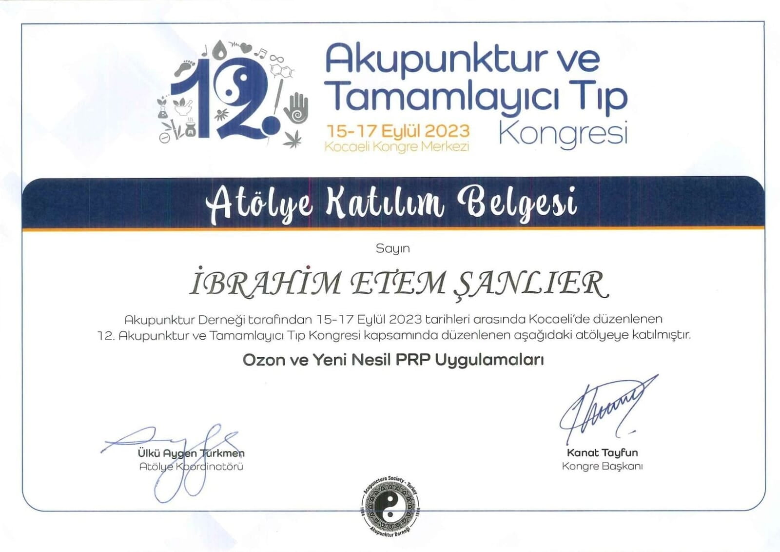 12. Akupunktur ve Tamamlayıcı Tıp Kongresi Atölye Katılım Belgesi