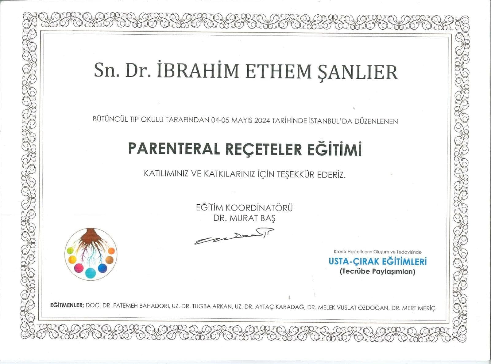 Bütüncül Tıp Okulu Eğitim Katılım Belgesi