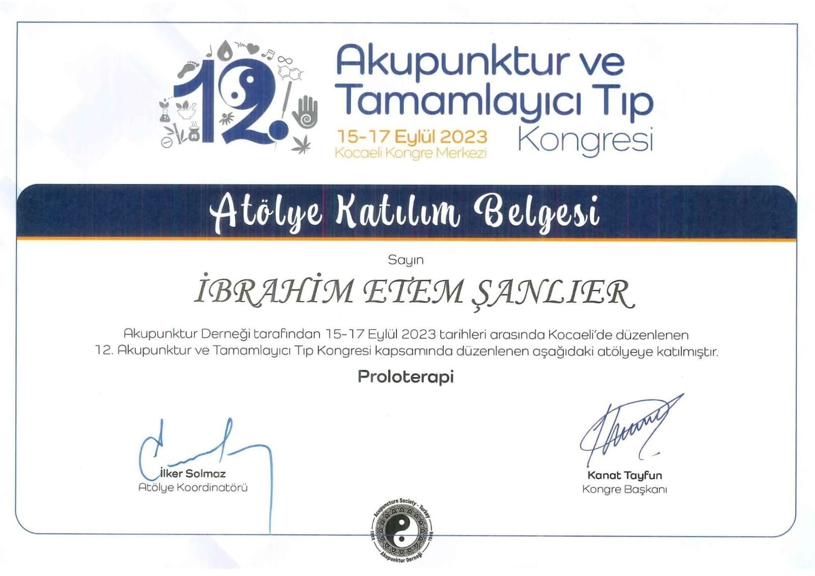 12. Akupunktur ve Tamamlayıcı Tıp Kongresi Atölye Katılım Belgesi