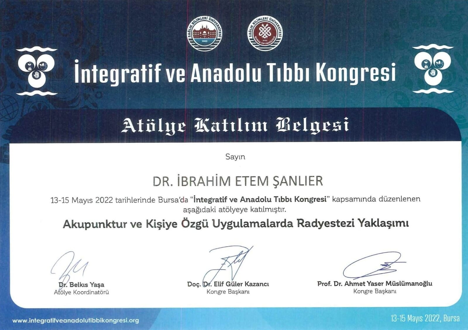 İntegratif ve Anadolu Tıbbı Atölye Katılım Belgesi