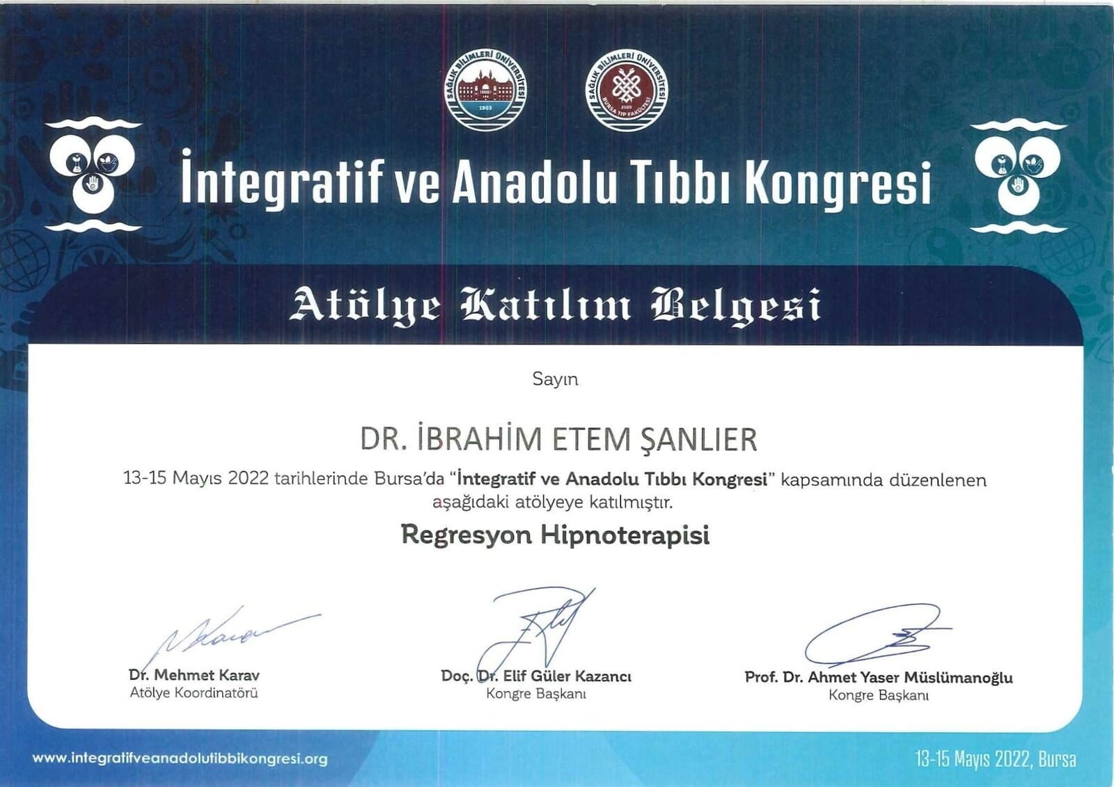 İntegratif ve Anadolu Tıbbı Atölye Katılım Belgesi