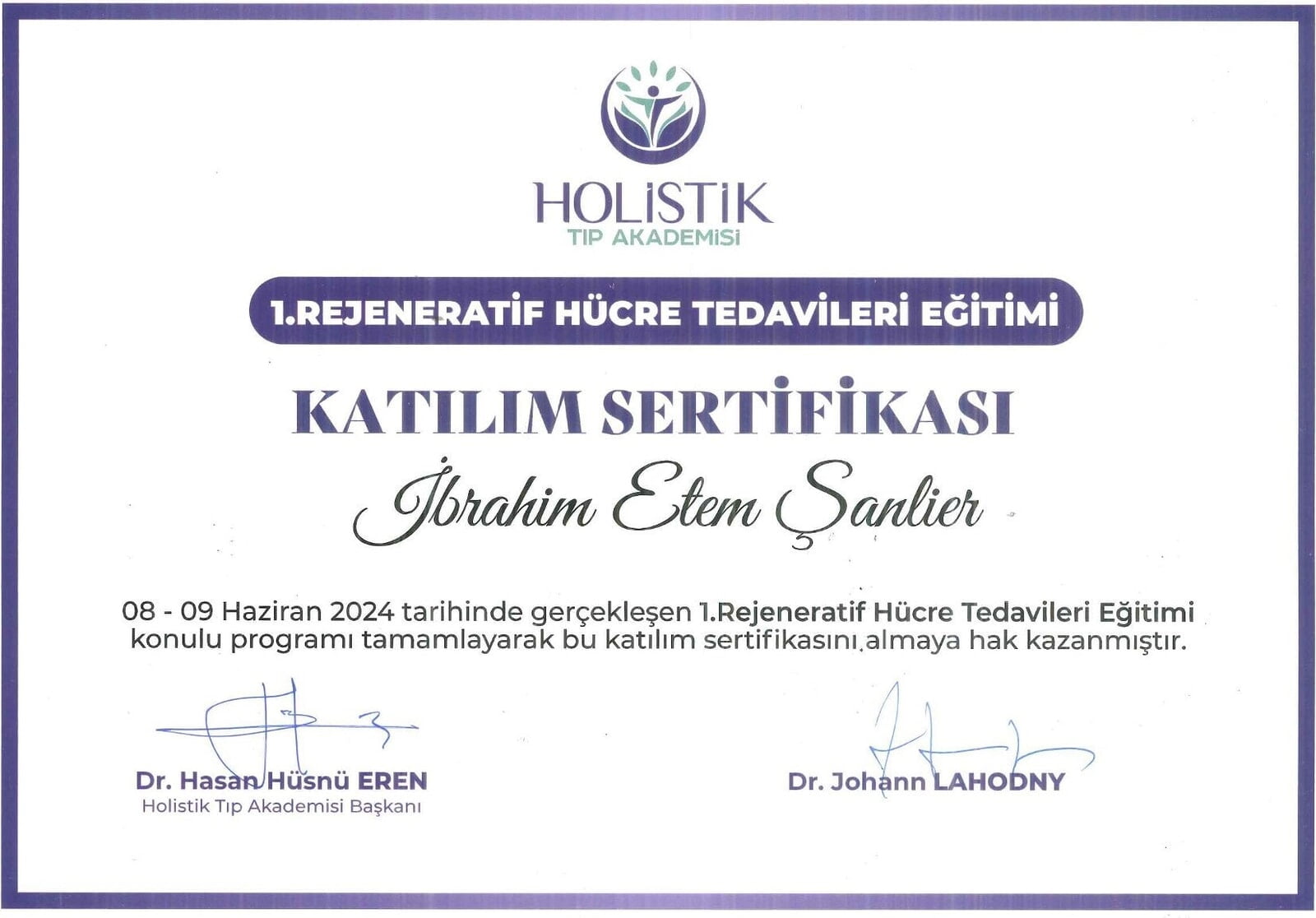 Holistik Tıp Akademisi Katılım Sertifikası