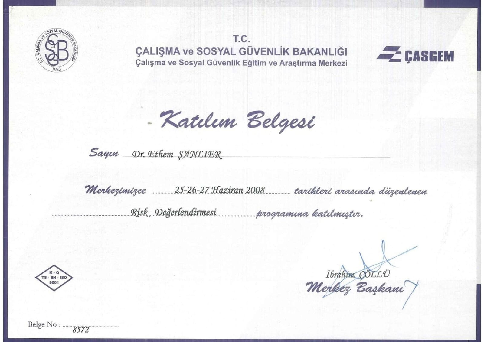 CSGB ÇASGEM Eğitim Katılım Belgesi