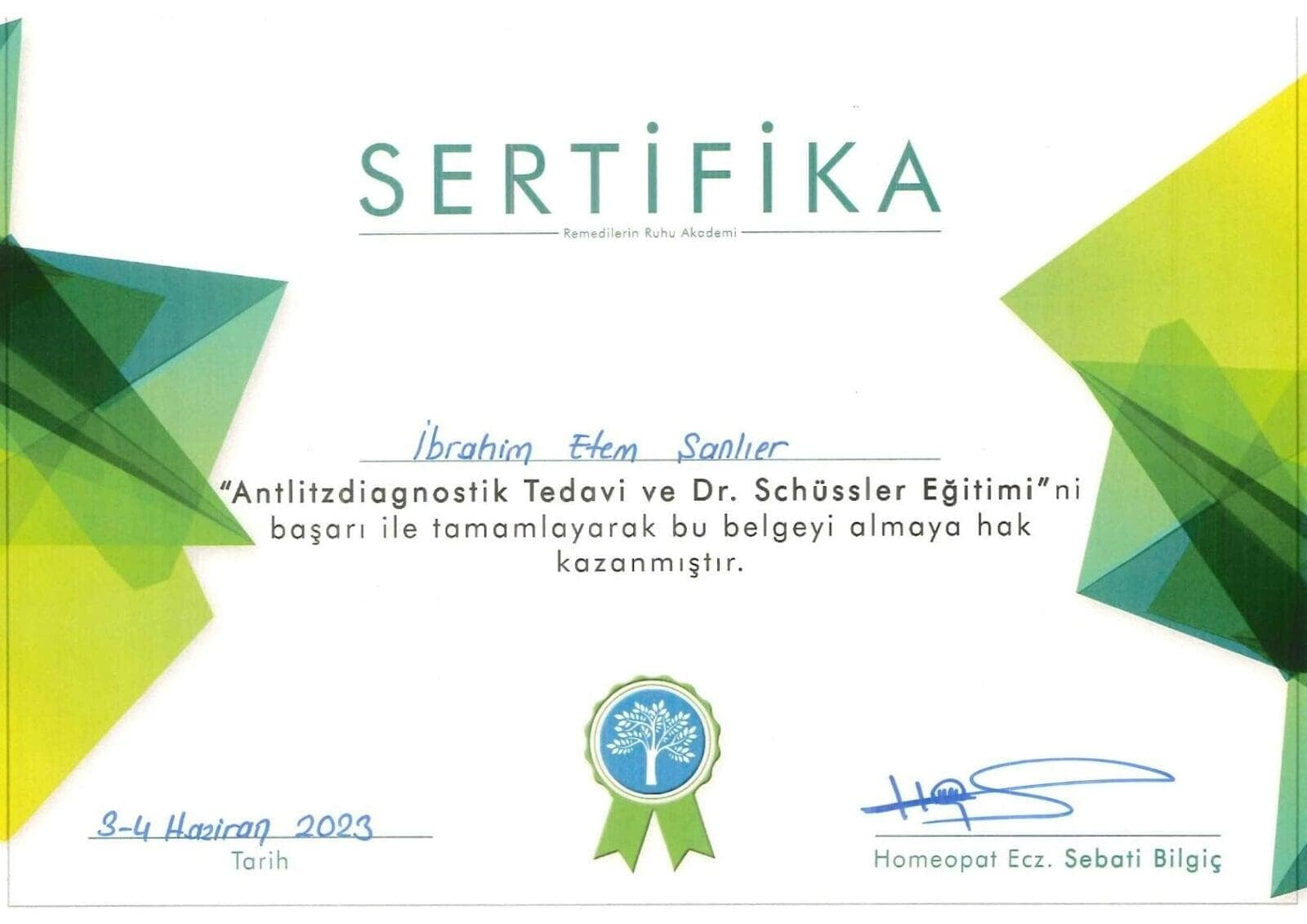 Antlitzdiagnostik Tedavi ve Dr. Schüssler Eğitimi Katılım Belgesi