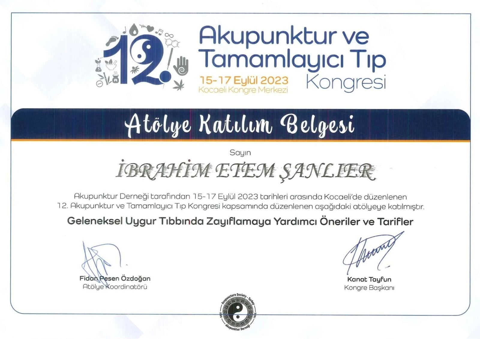 12. Akupunktur ve Tamamlayıcı Tıp Kongresi Atölye Katılım Belgesi