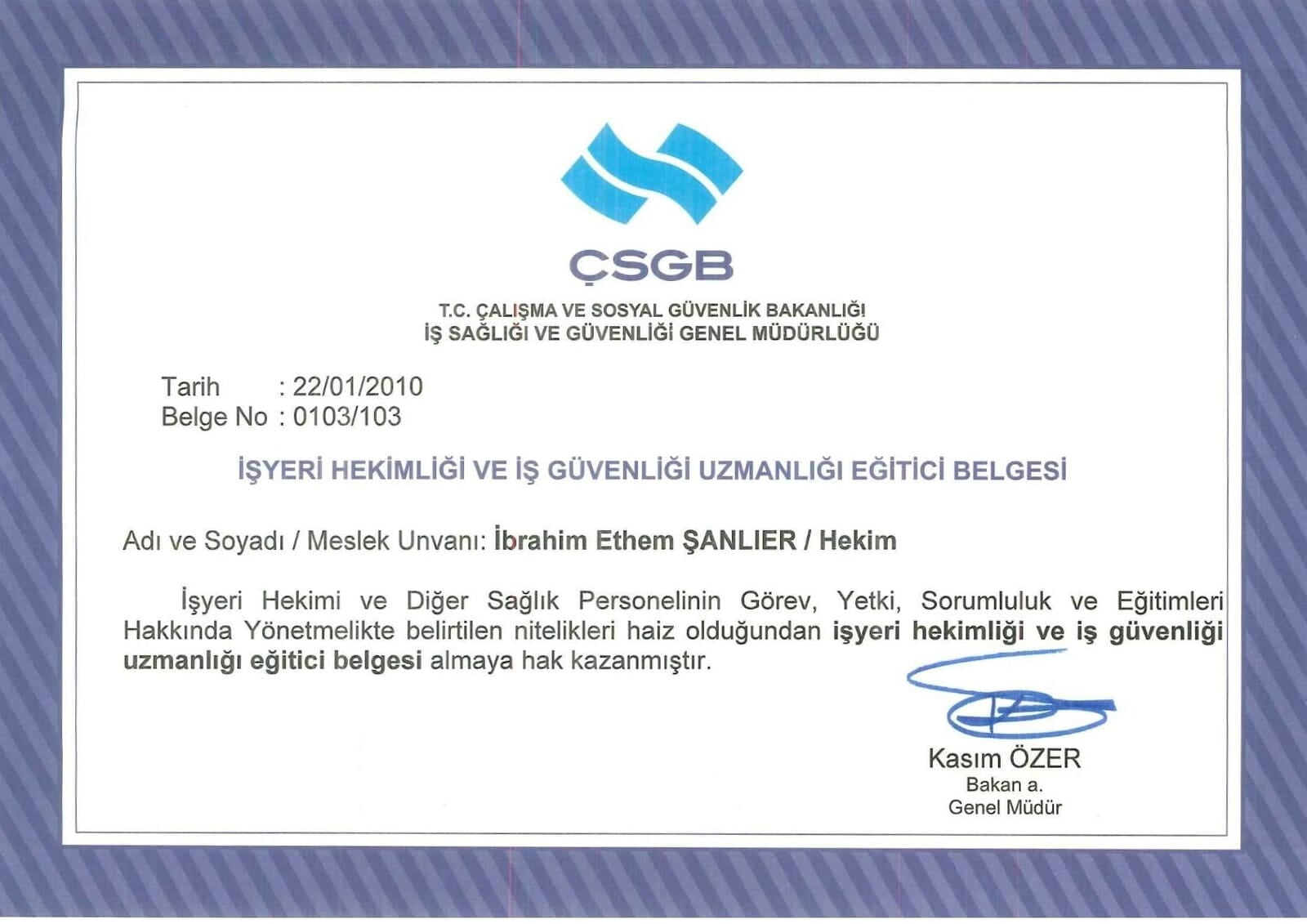 ÇSGB İSGGM Eğitimi Belgesi