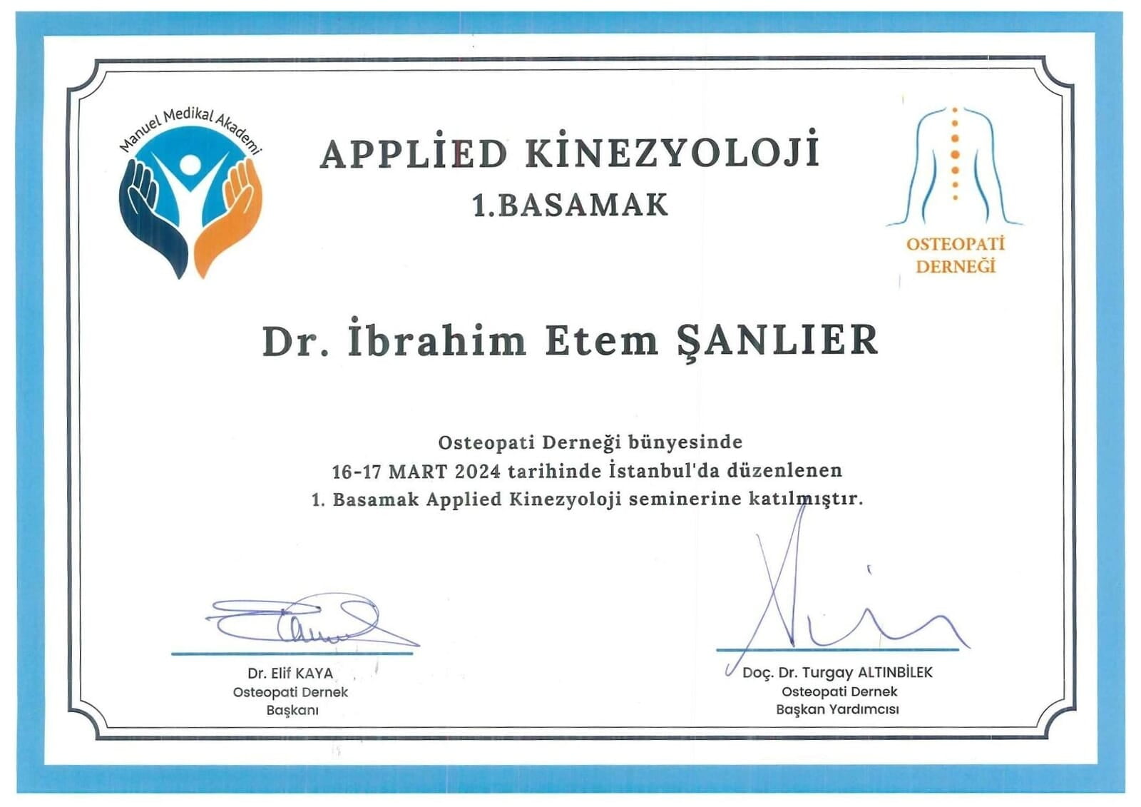 Applied Kinezyoloji 1. Basamak Katılım Belgesi