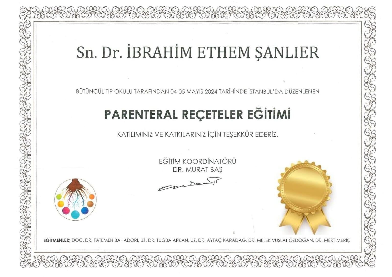 Bütüncül Tıp Okulu Eğitim Katılım Belgesi